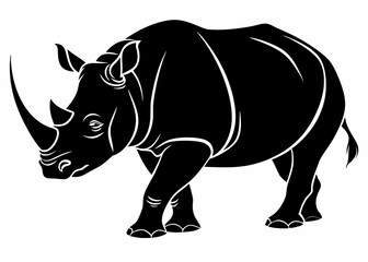 Fototapeta premium Black rhinoceros silhouette in side view with large horn and muscular body vector isolated on white background