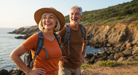 Happy senior couple enjoying a coastal hike, wearing backpacks and smiling, ocean view in the background
