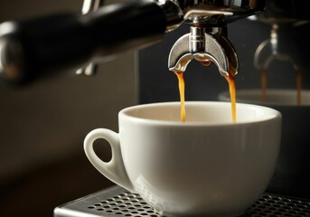 Freshly brewed coffee pouring into a white cup from an espresso machine
