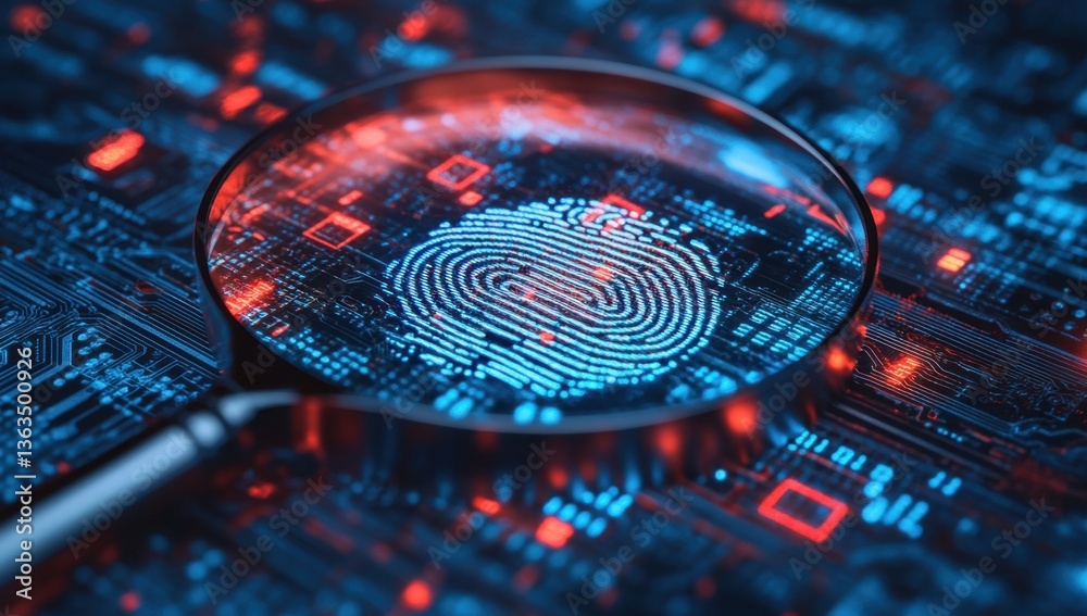 Poster a magnifying glass over digital fingerprint, with circuit board patterns and binary code in the back