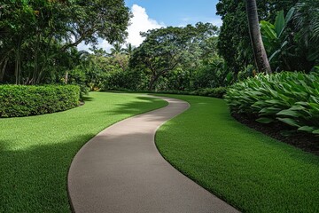 Serene pathway winds through lush tropical garden