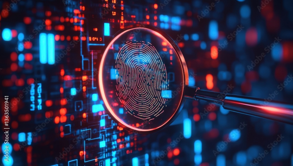 Poster a digital background featuring an illuminated magnifying glass over the outline of a fingerprint, su