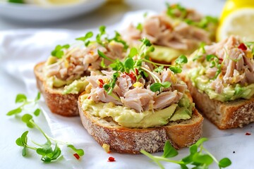 Closeup of healthy avocado toasts with chicken or tuna