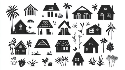 Tropical houses collection, silhouettes, design elements