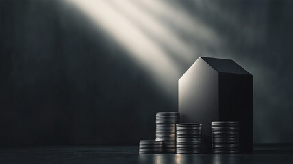 現代建築モデルと銀貨による不動産投資の象徴