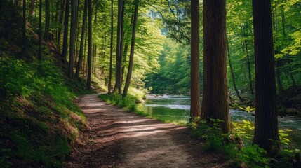 Tranquil forest trail leading towards a gentle river stream in vibrant daylight