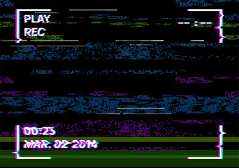 VHS effect, glitch vector background, abstract digital pixel noisy error play, rec television screen with date and time