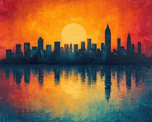 Fototapeta premium Vibrant sunset over a city skyline reflecting on calm water, showcasing urban beauty