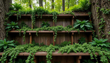 Urban jungle vibes: lush greenery cascading from wooden shelves in a forest setting