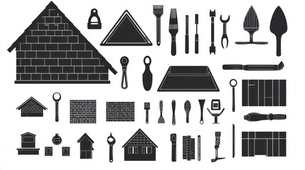 Bricklaying tools and house construction icons