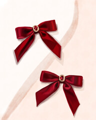 Hand-drawn elegant red velvet bows with a central red gemstone and gold setting. Luxurious decorative elements for fashion, jewelry, and design projects.