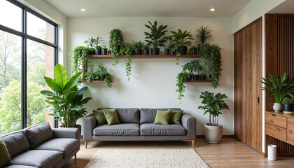 Cozy living room with plants in Urban jungle vibes, modern interior design
