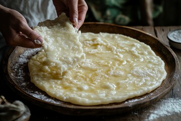 Fototapeta premium Hands carefully flipping Maql dough on a wooden plate, showcasing a minimalistic food preparation scene