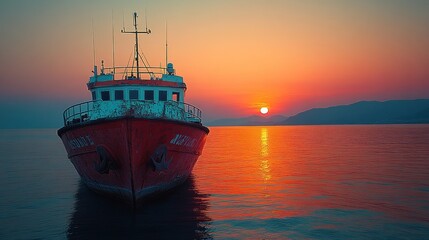 Red fishing boat at sunset, calm sea, mountains in background.