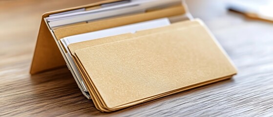 Open file holder filled with files and stacked papers on table