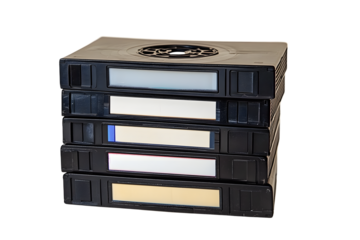 A stack of vintage VHS video tapes with blank labels, isolated on a white background, showcasing retro technology for recording and watching movies at home.