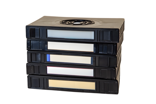 A stack of vintage VHS video tapes with blank labels, isolated on a white background, showcasing retro technology for recording and watching movies at home.