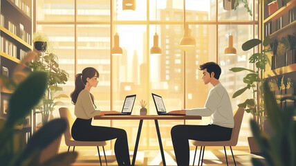 日差しの差し込むコワーキングスペースで作業する若者たち