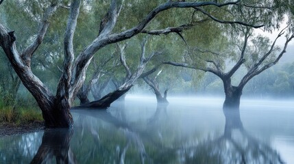 Ethereal waterscape with trees reflected in the serene, misty river surface