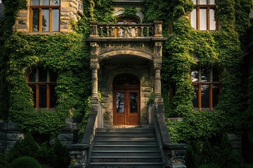 Naklejka premium Ivy-covered stone mansion entrance with grand wooden doors and arched windows, steps leading up to the entrance.