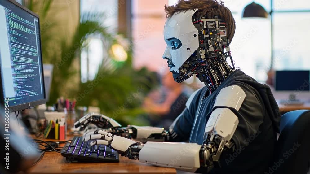 Poster digital labor: an android with intricate robotic features engages in coding tasks at a computer, rep