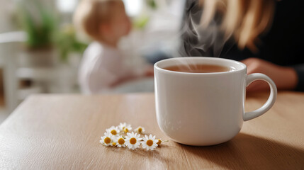 Fresh chamomile flowers lie beside steaming hot tea. Blurred silhouette of young woman and small child sitting in background.