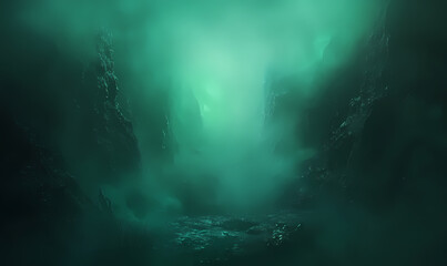 Mysterious foggy green valley with dark rocky cliffs and moody atmosphere, fantasy landscape background