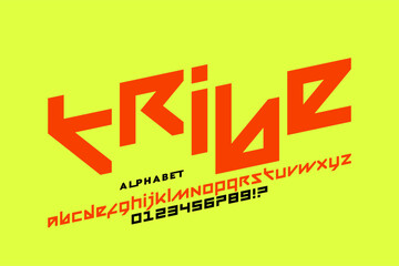 Tribe. Tribal style font, alphabet letters and numbers vector illustration