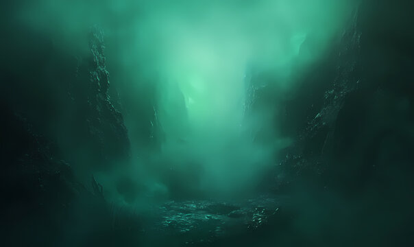 Mysterious foggy green valley with dark rocky cliffs and moody atmosphere, fantasy landscape background