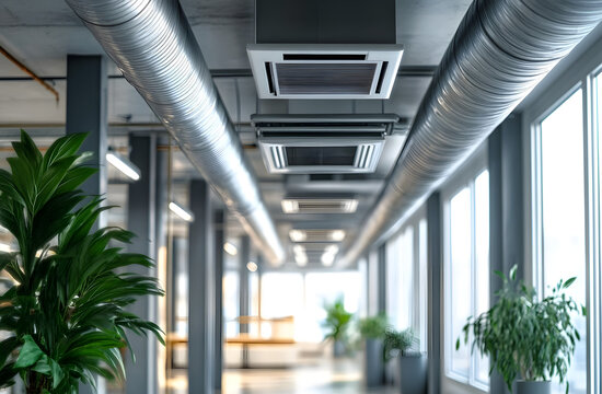 Sleek office interior features ventilation ducts, air conditioning units ensuring steady airflow. Modern design incorporates metal pipes, glass windows, potted plants. Office boasts bright balanced