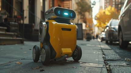 The futuristic yellow and silver robot contrasts against the lively cityscape, a symbol of advanced robotics in urban life.