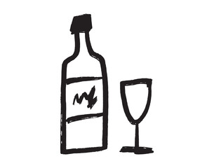 glass and bottle of wine grunge doodle hand drawn icon. Outline drawing a wedding, a romantic dinner, or a date line clipart symbol