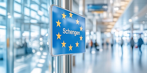 Schengen Area sign indicating border control in modern airport  