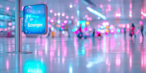 Airport terminal sign indicating Schengen area under vibrant lights  