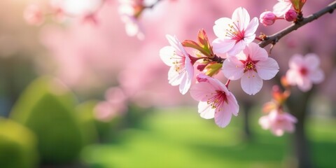 Delicate Pink Blossoms on a Branch, Soft Sunlight Illuminating Petals, Blurred Green Background, Springtime Serenity