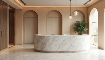 Stylish minimalist hotel lobby, spa beauty salon reception area. Marble counter desk, modern interior design. Light wood paneling, minimalist decor, arch doors, glass lamps, comfortable waiting area.