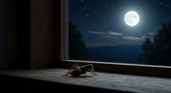 Nocturnal Serenade: Cricket's Evening Chorus on a Moonlit Windowsill