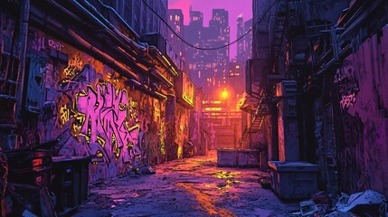 A dark urban alley with graffiti art in a cityscape setting