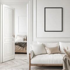 White minimalist living room with open door to bedroom.