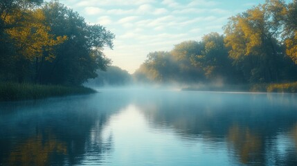 Misty sunrise over calm river, trees reflected in still water.