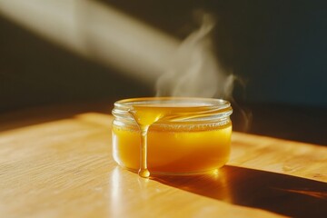 A minimalistic photo of a glass jar filled with golden liquid, steam rising gently in soft sunlight on a wooden surface