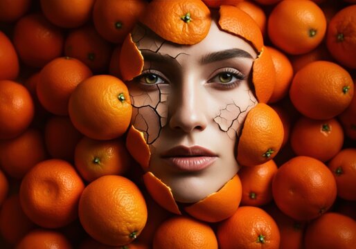 Woman's face emerging from cracked oranges, symbolizing freshness and vitality - Powered by Adobe