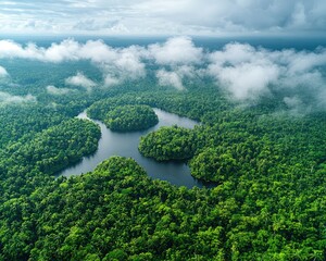 Fototapeta premium Aerial view of lush green rainforest with winding river and clouds above