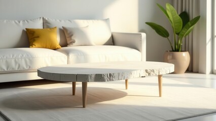Sunlit Modern Living Room Featuring a Unique Oval Coffee Table with Natural Wood Legs