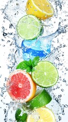Citrus fruits splashing water.Refreshing mix for healthy recipes, drinks, advertising