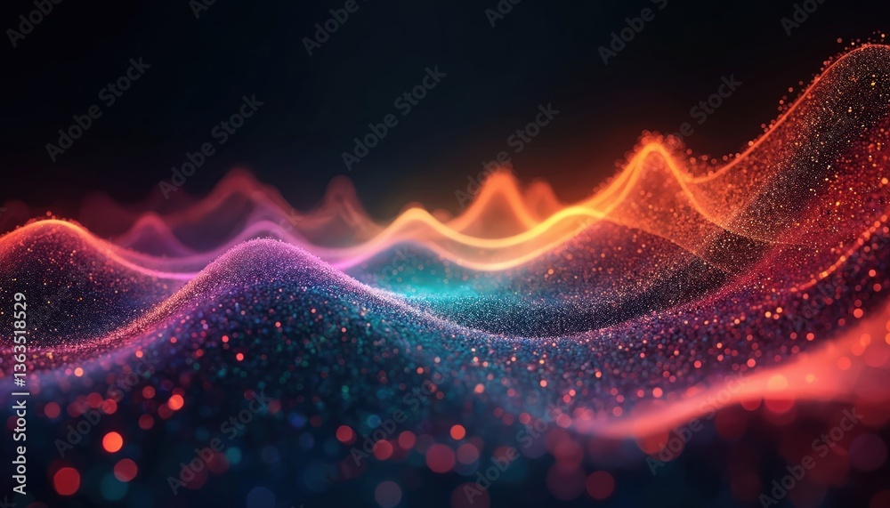 Poster illustration shows digital radio waves spectrum in vibrant colors against dark backdrop. dynamic lig