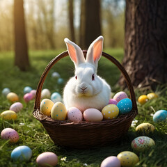 Adorable White Easter Bunny in a Basket with Colorful Eggs Surrounded by Spring Grass