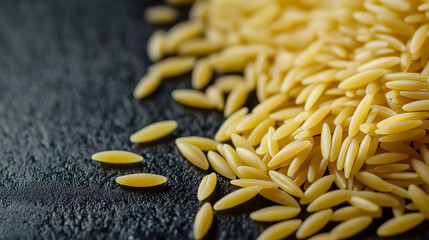 Obraz premium An artistic close-up of orzo pasta scattered evenly on a dark, sleek surface, creating a modern and minimalist feel with each distinct grain.