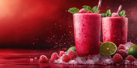 Refreshing raspberry lime smoothies in vibrant red hues with garnishes and fruit on a wooden surface