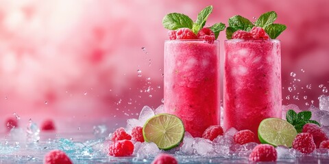Refreshing raspberry drinks served on a turquoise surface with ice and mint leaves in a vibrant setting